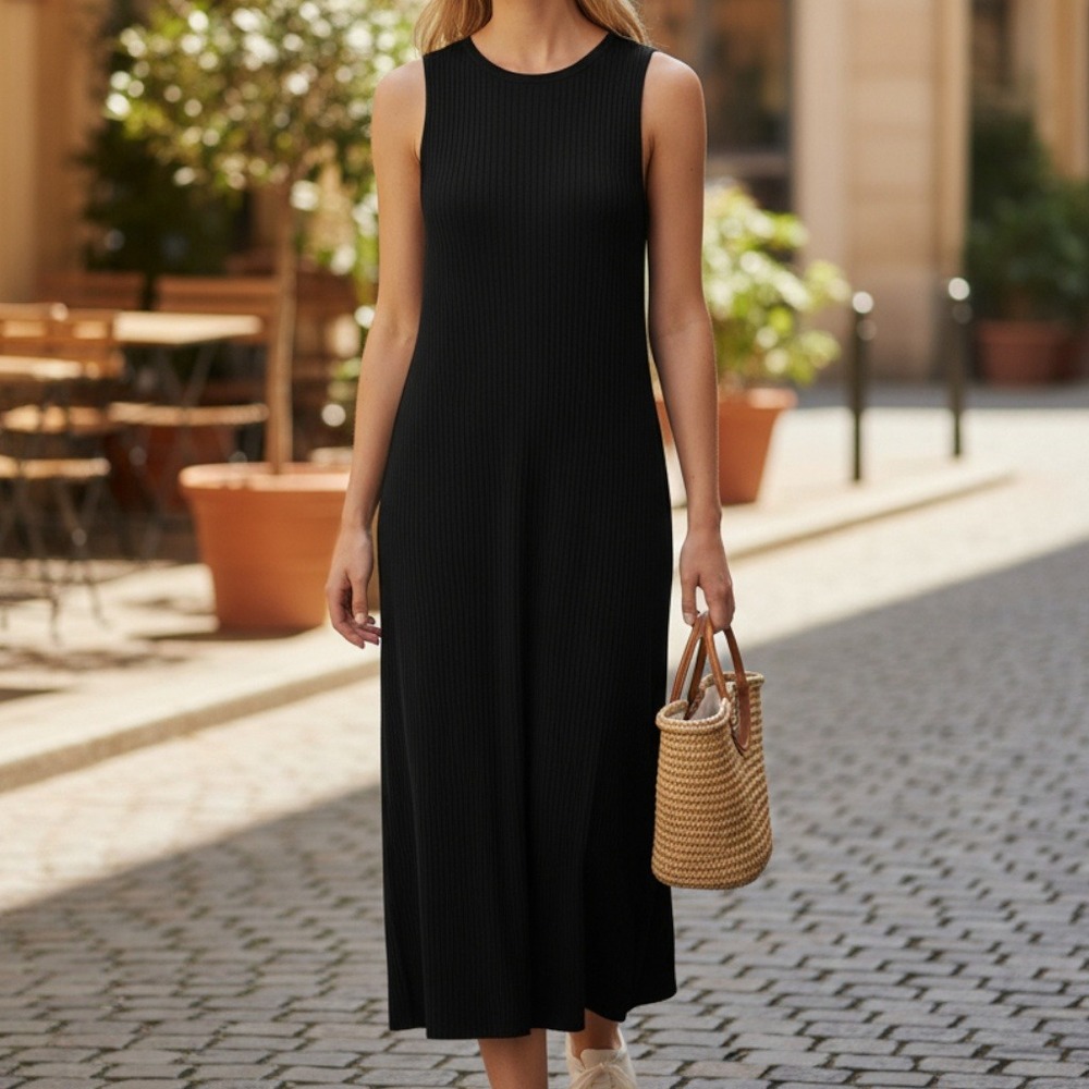 Aritzia Blue Ribbed Slit Sleeveless Midi Preppy Business Casual Cocktail Dress L